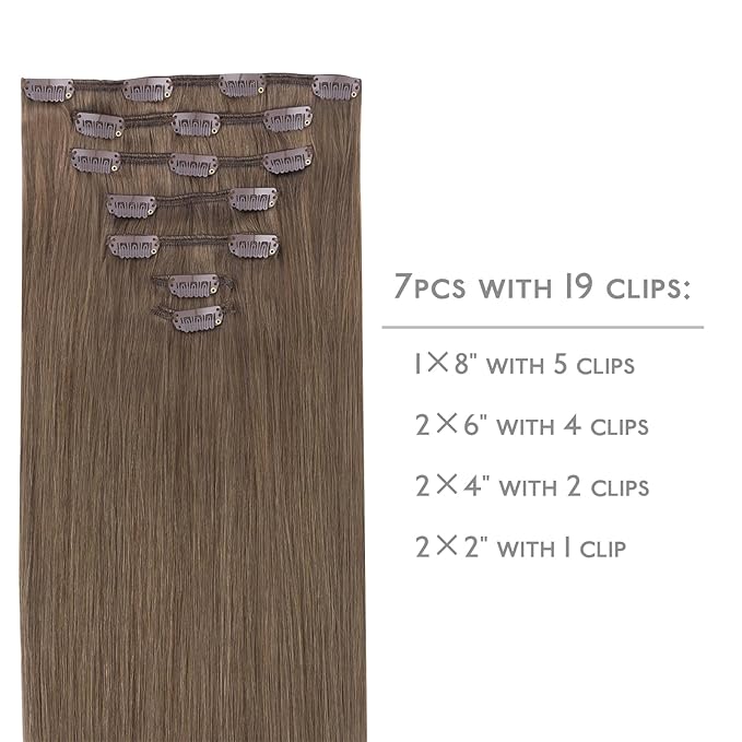 WENNALIFE Clip in Hair Extensions Real Human Hair, 18 Inch 120g 7pcs Remy Hair, Light Ash Brown Straight Natural Coloured Extensiones De Cabello Humano Con Clip Ins