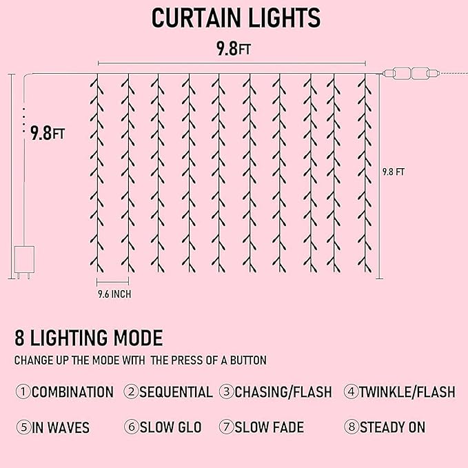 Dazzle Bright 300 LED Curtain String Lights, Valentine's Day Fairy Lights - Image 2