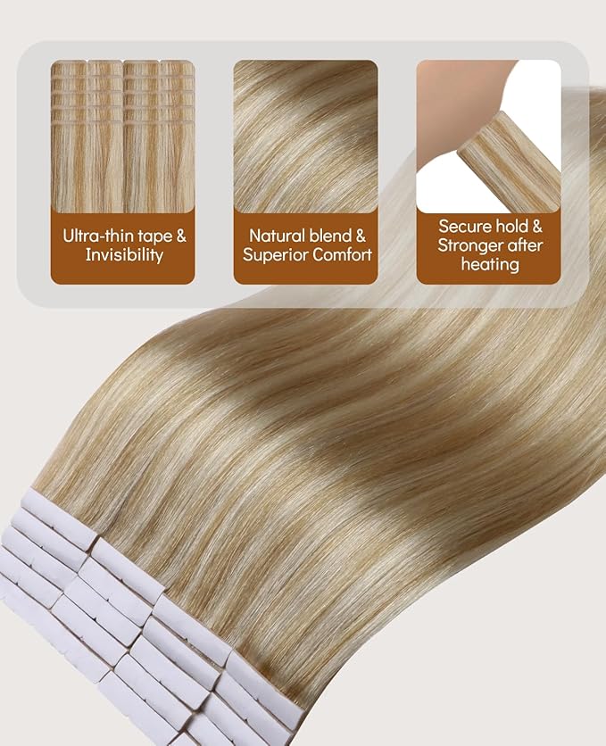 VINBAO 60g Invisi Edge Tape in Hair Extensions Human Hair Light Blonde Highlights Platinum Blonde 22in 20pcs Seamless Injected Tape ins Luxury Remy Hair 22inch #27P60