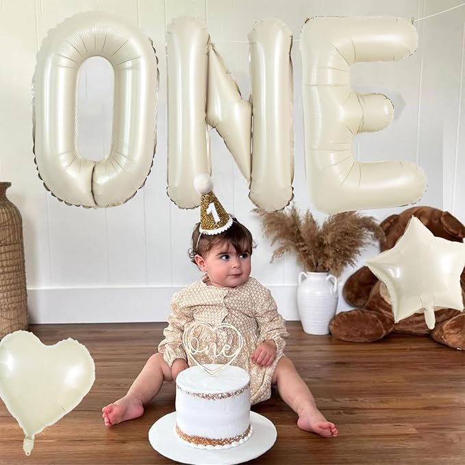 TONIFUL Cream ONE Balloons Banner, 40 Inch Cream White Letter ONE Foil Sign - Image 6