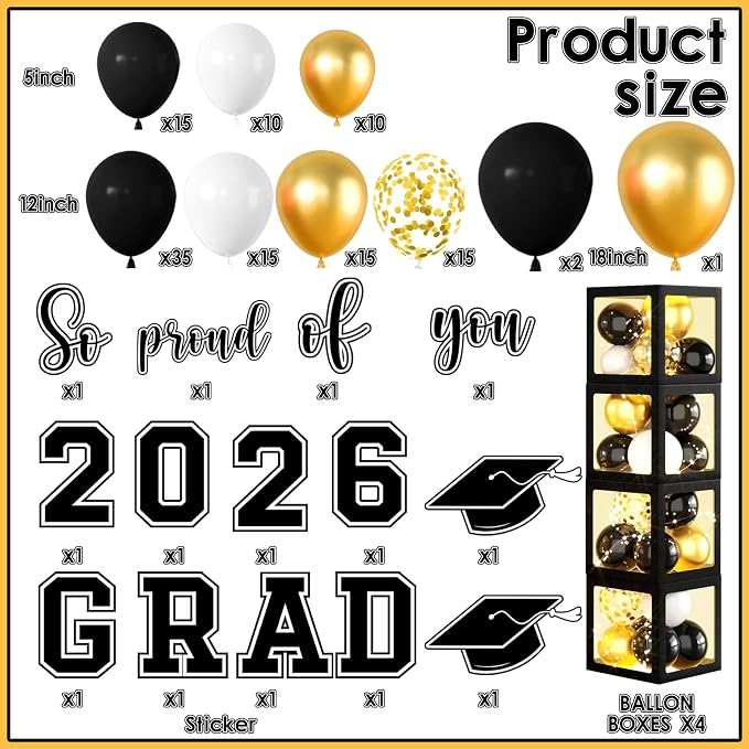 2026 Graduation Decorations Black and Gold Grad Balloon Boxes - Image 4