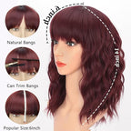 AISI HAIR Curly Bob Wig with Bangs Short Wavy Wine Red Color Wigs for Women Bob Style Synthetic Heat Resistant Bob Wigs