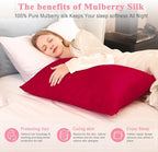 100% Pure Silk Pillowcase 2 Pack for Hair and Skin, Both Sides 23 Momme Grade 6A+ Mulberry Silk Pillowcases with Hidden Zipper, Soft&Smooth Cooling Pillow Cases (Red, King 20x36)