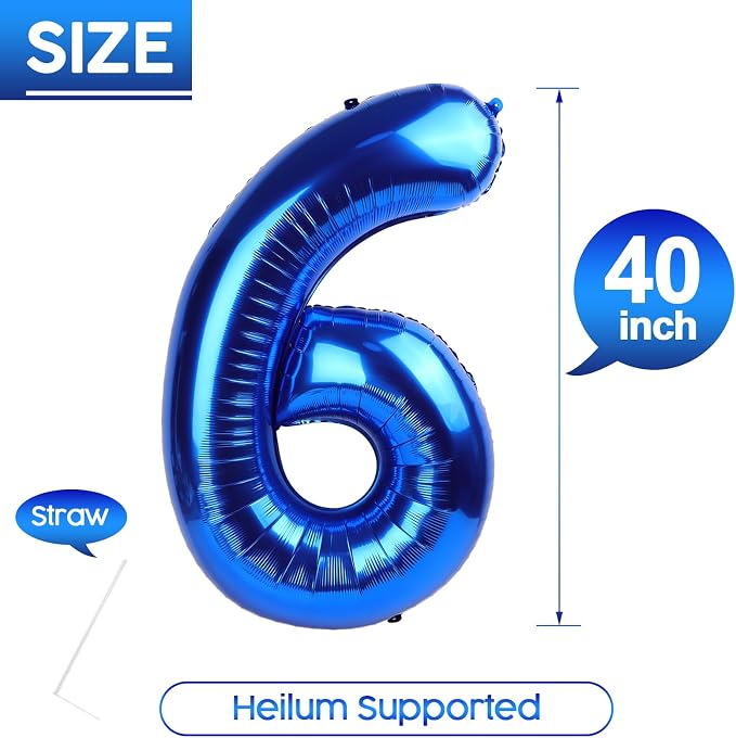 6 Balloon - Metallic Blue Birthday Number Balloons, 40 Inch Decorations | - Image 5