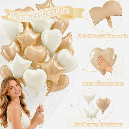 TONIFUL 18 Inch Cream Caramel Star and Heart Foil Balloons - Image 4