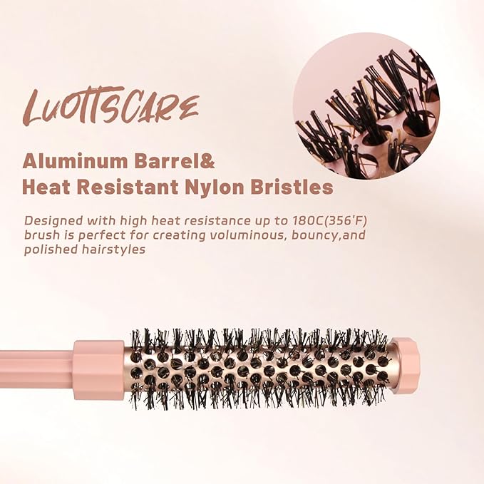 Small Round Hair Brush Pink - Boar Bristle&Nylon Mixed Bristles for Smoothing, Volumizing & Frizz Control - Mini Blow Dry Styling Brush for Fine Hair, Smooth Curls and Salon Blowout at Home