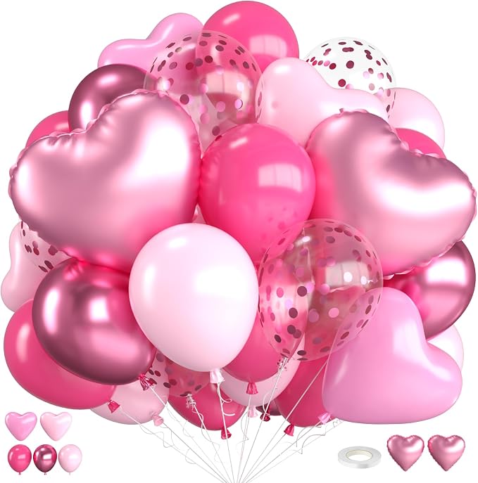 Pink Balloons, 12 Inch Metallic Hot Pink Magenta Pink Heart Balloons by FEYG