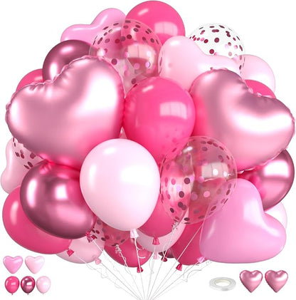 Pink Balloons, 12 Inch Metallic Hot Pink Magenta Pink Heart Balloons by FEYG