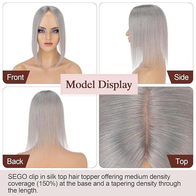 SEGO Hair Topper for Women, No Bangs Real Human Hair Topper with Anti-Slip Clips (16 Inches #Grey)