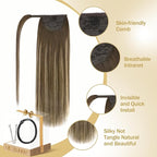 Ve Sunny Hair Extensions Ponytail Real Human Hair 80G Wrap Around Clip in Ponytail Hair Extensions Straight Extensions Human Hair for Women Medium Brown Balayage Ombre Caramel Blonde 14inch
