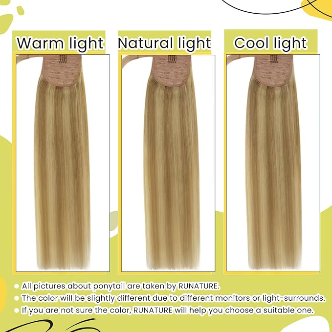 RUNATURE Human Hair Ponytail Straight, Ponytail Extension Human Hair, Real Hair Ponytail Extension Blonde, Remy Natural Hair Add Volume, 14 Inch 70g #16P24 Golden Blonde Highlights