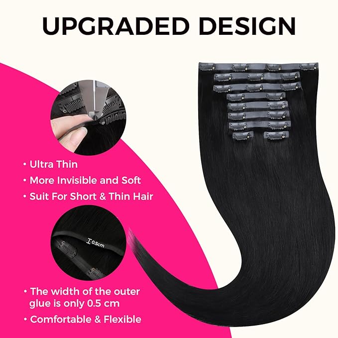 Lashey Seamless Clip in Hair Extensions Human Hair 150g 9pcs #1 Jet Black Straight 24 Inch Clip in Hair Extensions with PU Soft Invisi Edge