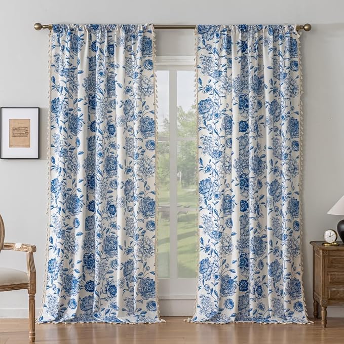 F-CHU Boho Curtains for Living Room 96 Inch Length French Country Floral Drapes - Image 2