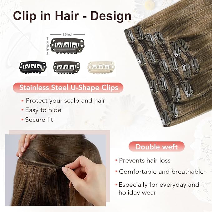 XDhair Clip in Hair Extensions 100g 14Inch Ash Brown Clip in Human Hair Extensions Straight Clip In Real Hair Extension for Women (#8,14Inch)