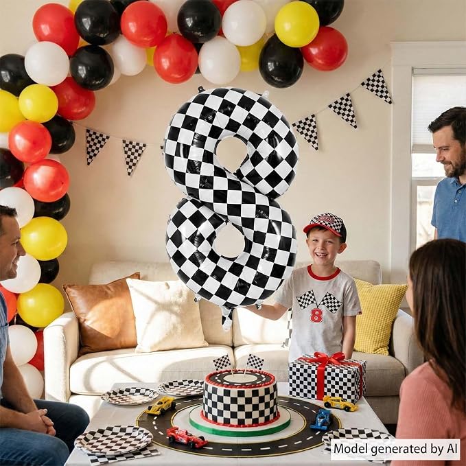 40 Inch Checkered Number 8 Balloon, Large Foil Black and White Number Balloons - Image 3