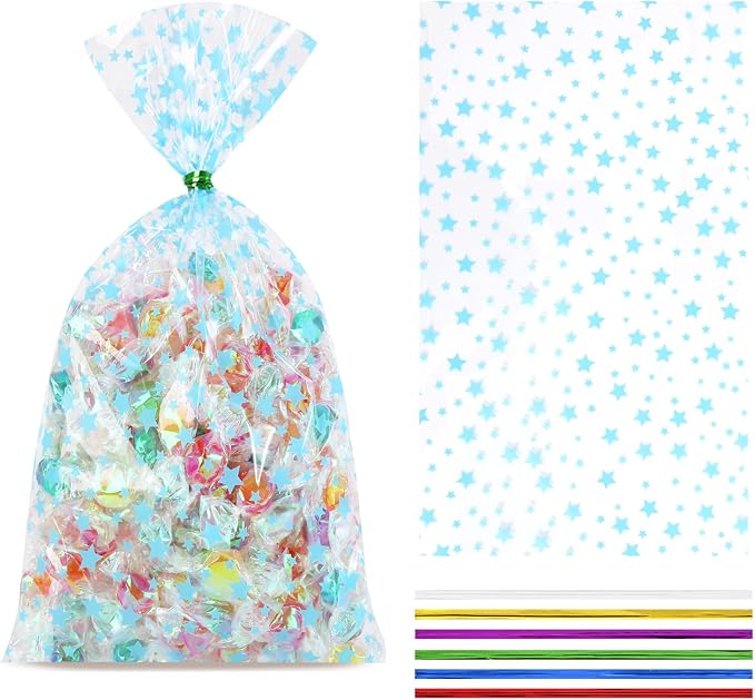 COQOFA 100 Pcs Blue Star 5"X11" Gift Wrap Cello Cellophane Treat Bags Clear by COQOFA