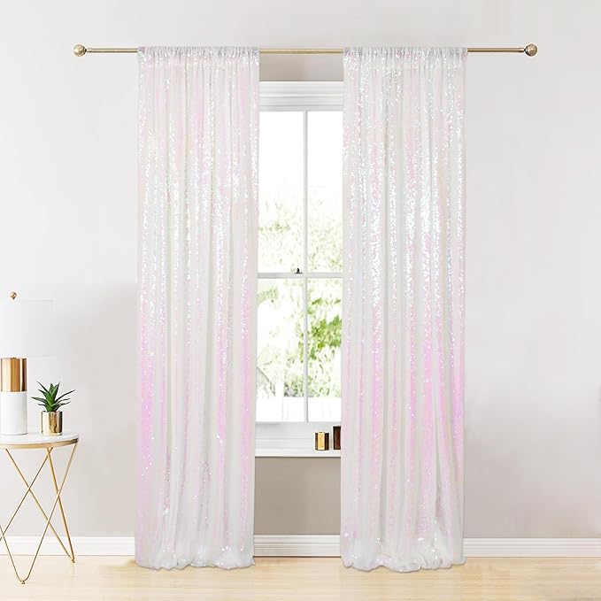 ShinyBeauty Sequin Backdrop 2FTx8FT Iridescent White 2 Pieces White Sequin Back - Image 4