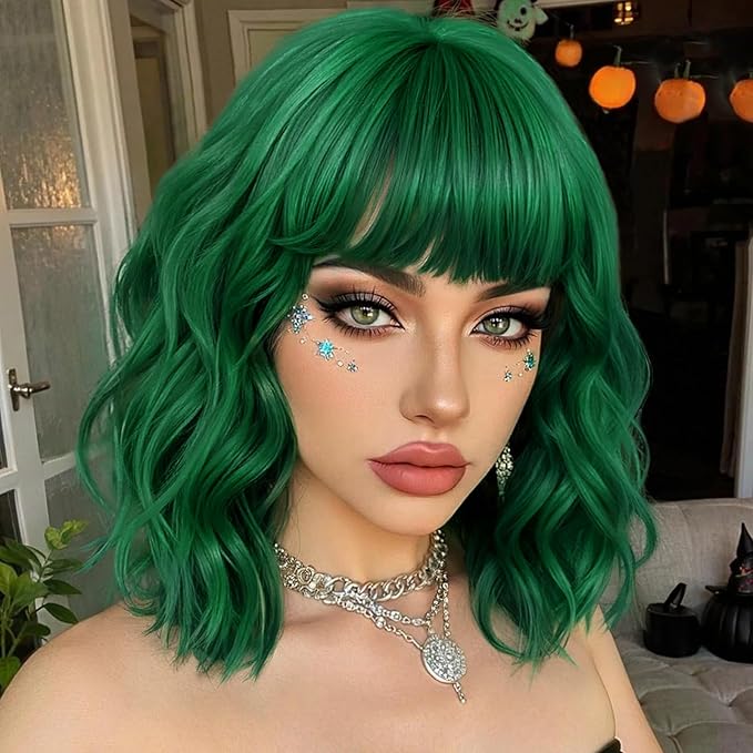 Nnzes Short Wavy Bob Wig with Bangs for Women Shoulder Length Curly Green Synthetic Heat-Resistant Fiber Hair for Daily & Party Use