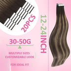 YoungSee Invisible Tape in Hair Extensions Brown Balayage Tape in Extensions Ombre Dark Brown to Blonde with Dark Brown Tape-on Hair Extension Human Hair Long 24In for Instant Length 20pcs 50g