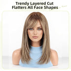 RSY Ombre Brown Mixed Blonde Straight Human Hair Wigs for Women, Shoulder Length and Layered Real Hair Wig with Bangs for Daily Party Use