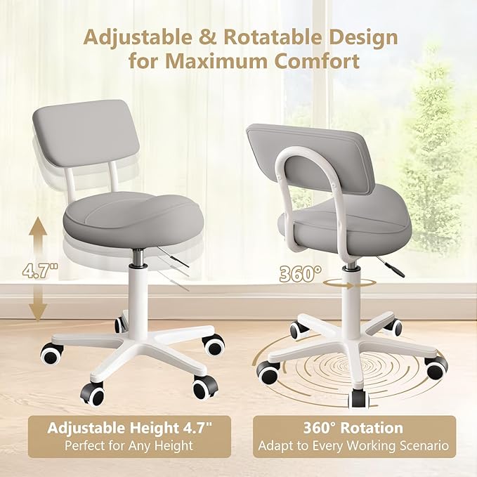 Ergonomic Esthetician Stool Chair with Back Support for Salon, Swivel Rolling Stool Height-Adjustable for Clinic Dentist Spa, Home Office, Drafting Work Task Chair