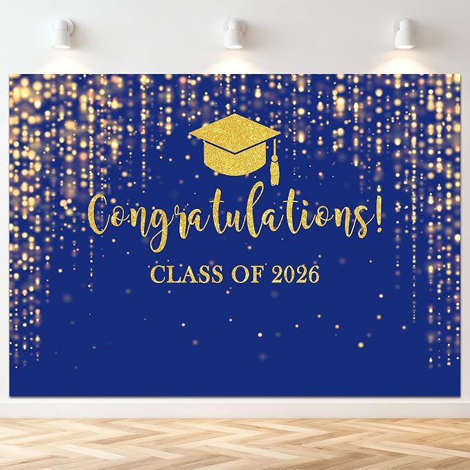 Mocsicka Class of 2026 Backdrop Blue Gold Glitter Bokeh Graduation Party by Mocsicka