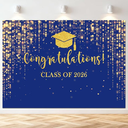 Mocsicka Class of 2026 Backdrop Blue Gold Glitter Bokeh Graduation Party by Mocsicka