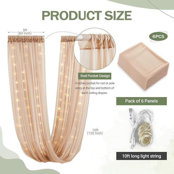 6 Panels Champagne Ceiling Drapes - Image 5
