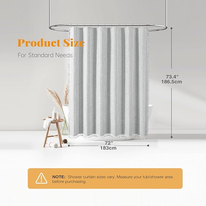 Grey Boho Farmhouse Linen Heavy Duty Shower Curtain Set, 72x72 | 330GSM Linen - Image 7