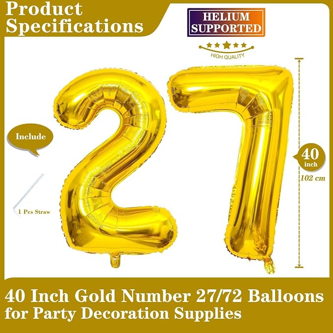 Gold 27 Number Balloons, 40 Inch Giant Number 27 Balloons Foil Mylar Helium - Image 2