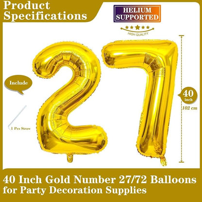 Gold 27 Number Balloons, 40 Inch Giant Number 27 Balloons Foil Mylar Helium - Image 2