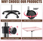 Rolling Salon Tray, Adjustable Salon Tray on Wheels, Premium Aluminum Tattoo Tray Cart for Spa Clinic, Pink
