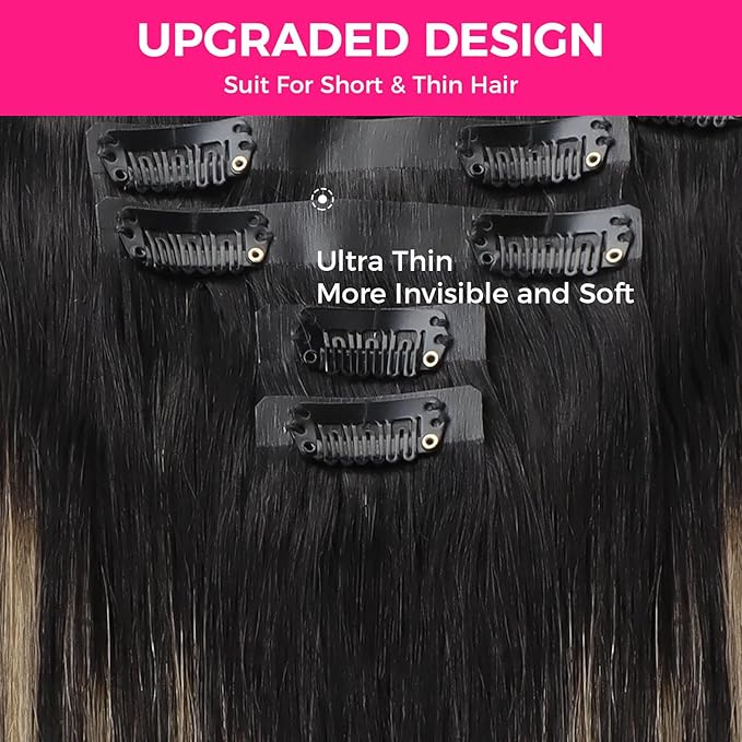 Lashey Seamless Clip in Hair Extensions Human Hair, 110g 7pcs Straight Balayage Natural Black to Light Blonde Highlighted Clip in Hair Extensions for Black Women 16 Inch