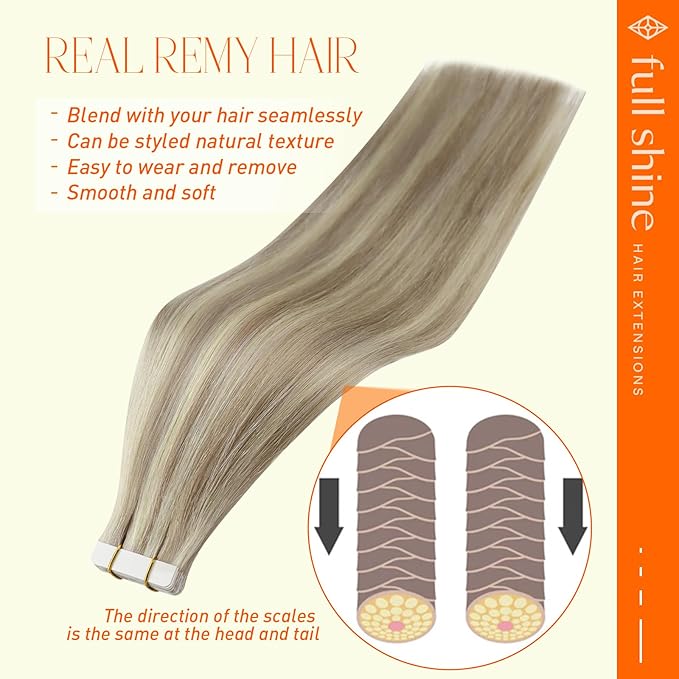 Full Shine 20 Inch Tape in Hair Extensions Color 18 Ash Blonde and 613 Yellow Blonde Tape in Extensions Seamless Real Remy Human Hair 50G 20 Pcs Invisible Skin Weft for Wedding Natural