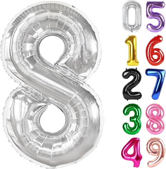 Silver Number 8 Balloon 40 Inch, 8th Birthday Party Decorations Men Women | by IWERP