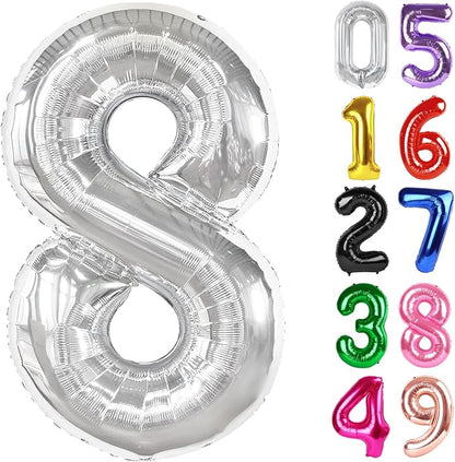 Silver Number 8 Balloon 40 Inch, 8th Birthday Party Decorations Men Women | by IWERP