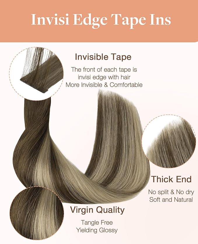 GOO GOO Invisi Edge Tape in Hair Extensions Human Hair, 4/26/4 Balayage Chocolate Brown to Honey Blonde 10pcs injected with 10pcs classical tape ins, 16inch 50g, Virgin Remy Hair, Natural Look
