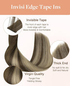 GOO GOO Invisi Edge Tape in Hair Extensions Human Hair, 4/26/4 Balayage Chocolate Brown to Honey Blonde 10pcs injected with 10pcs classical tape ins, 16inch 50g, Virgin Remy Hair, Natural Look