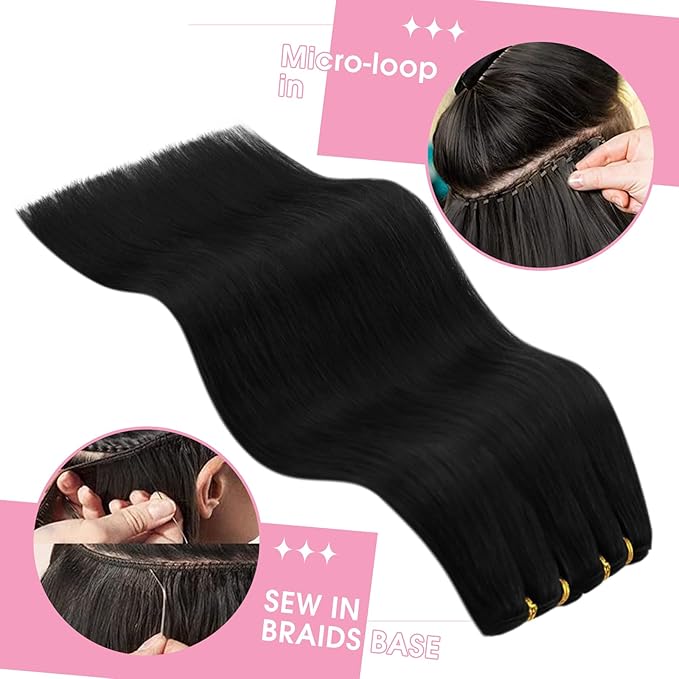 YoungSee Weft Hair Extensions Black Straight Human Hair Weft Extensions Jet Black Sew in Hair Extensions Real Human Hair for Natural Look 12Inch 70G