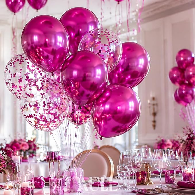 AULE 42Pcs Metallic 12 Inch Hot Pink Confetti Balloons Set | Fuchsia Party - Image 4
