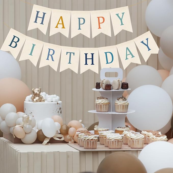 Doumeny Happy Birthday Burlap Banner Boho Birthday Bunting Garland Blue - Image 4
