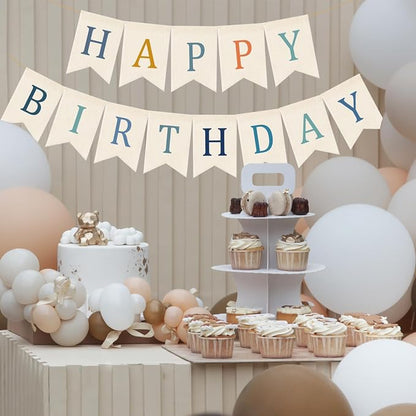 Doumeny Happy Birthday Burlap Banner Boho Birthday Bunting Garland Blue - Image 4