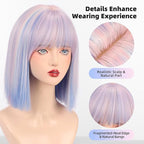 Allbell Colorful Rainbow Wigs for Women Short Bob with Bangs Heat Resistant Synthetic Hair 12 inch for Daily Party Halloween Costume Use