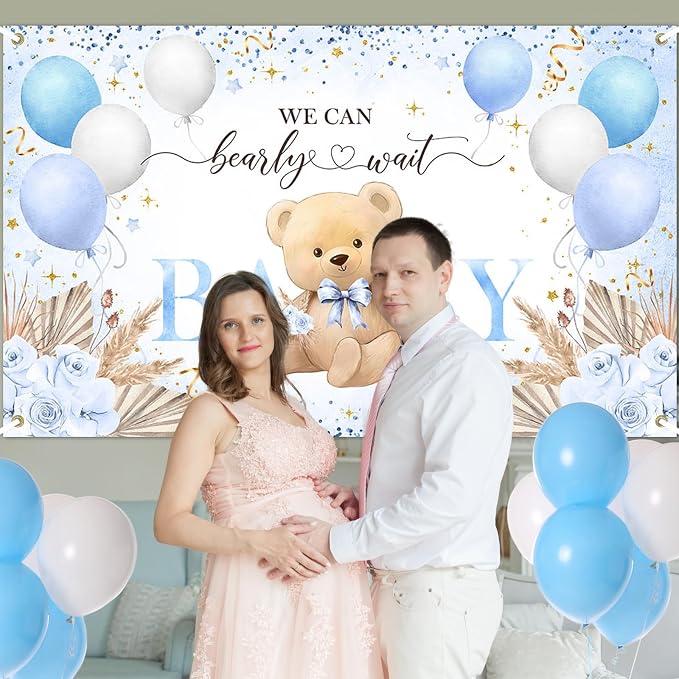 Blue Bear Baby Shower Backdrop 7x5 ft We Can Bearly Wait Banner - Image 5