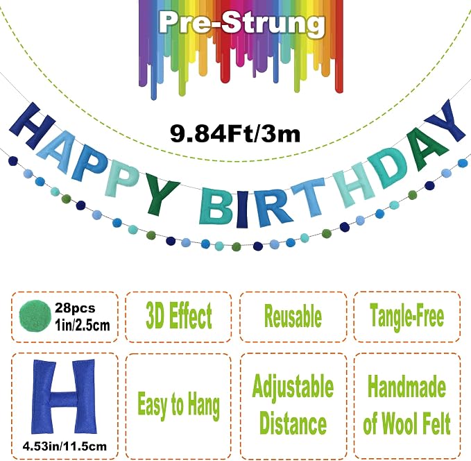 Pre-Strung 3D Felt Happy Birthday Banner, Max span 10ft, NO DIY, Includes Pom - Image 2