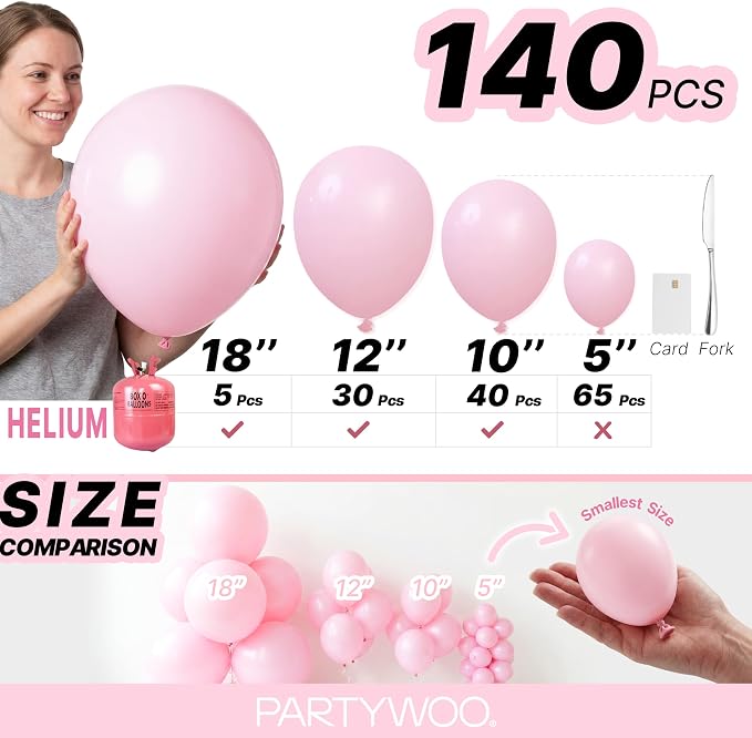 PartyWoo Light Pink Balloons 140pcs Pastel Pale Baby Pink Color | 18 12 10 5 - Image 6