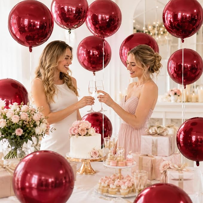 10Pcs Red Round Foil Balloons, Metallic Silver Dark Red Foil Baloon - Image 6