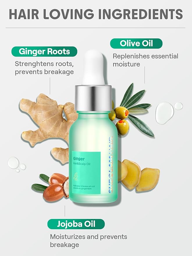 SHEGLAM Hair & Scalp Oil - 0.5 fl oz, Hydrating Serum, Macadamia & Grapeseed Oils, Soothes Dry Scalp, Balances Sebum, Adds Shine, For Sensitive Scalp & Dandruff (Ginger)