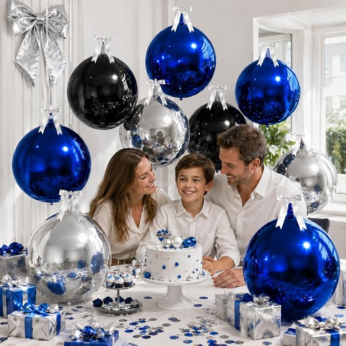 9 Pcs Black Blue Silver Round Foil Balloons Black Royal Navy Blue Metallic - Image 5