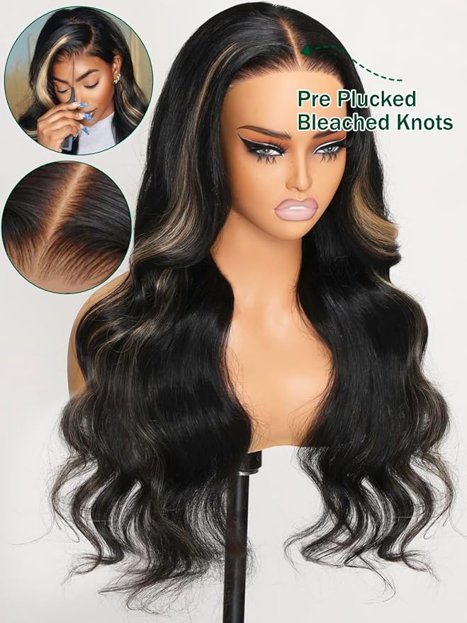 KLAIYI Bye Bye Knots Wear and Go Glueless Wig Highlight Blonde Body Wave 7x5 Pre Cut Lace Front Wig Human Hair Pre Plucked Bleached Ombre Hair with Dark Roots Chocolate Brown 30S Ready to Wear 24Inch